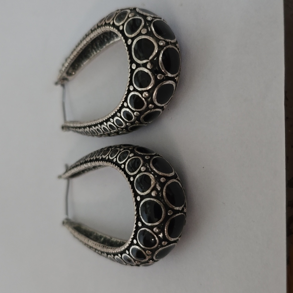 Black and Silver Hoop Earrings with Intricate Textured Design